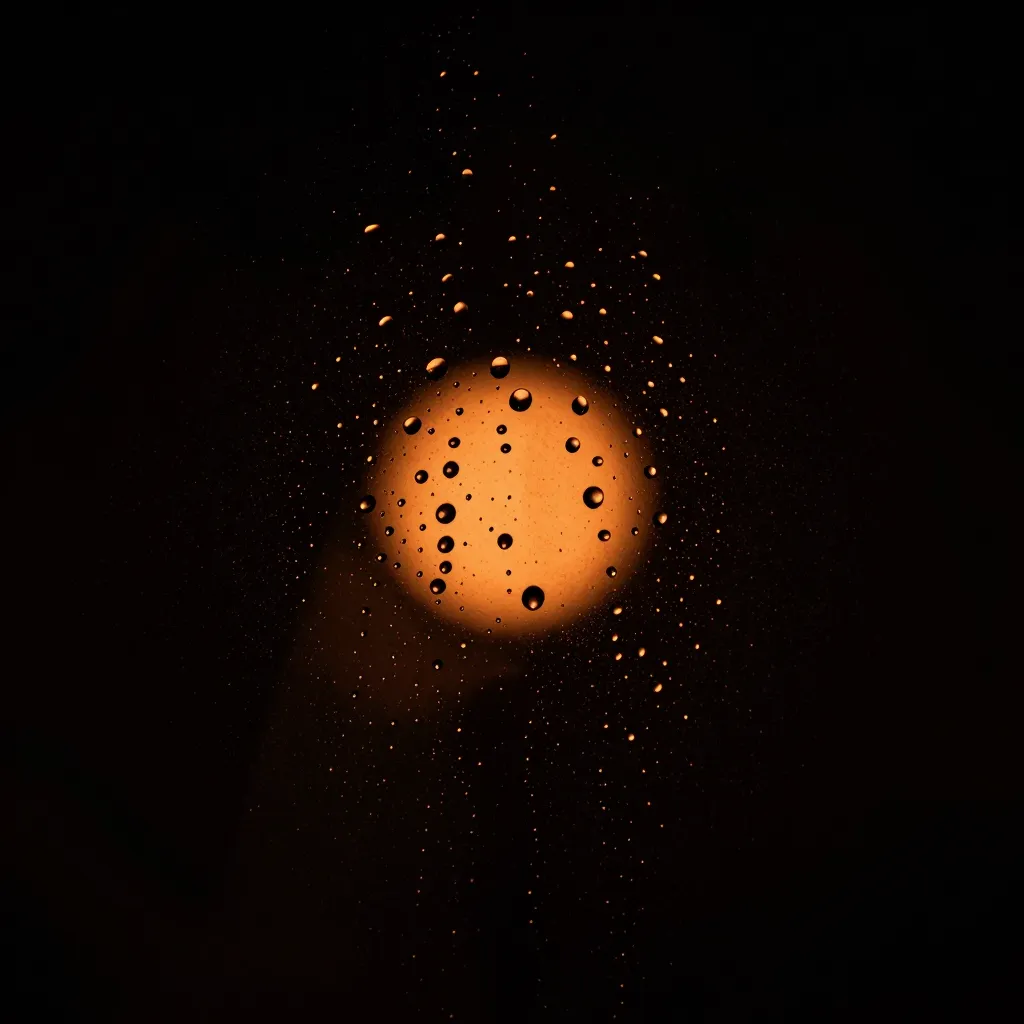 Water droplets on black glass catching a warm light